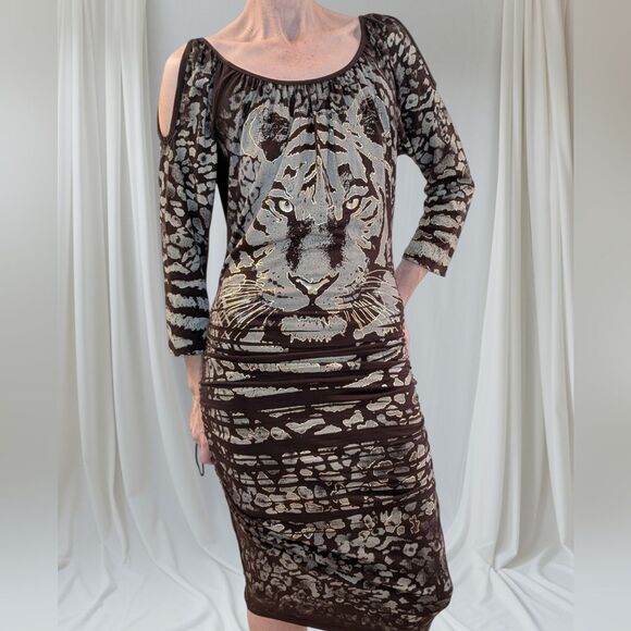 Cache Dresses & Skirts - New Cache Tiger Graphic Print Bodycon Dress Cold Shoulder Medium